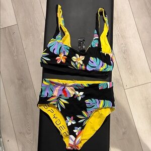 Spyder Reversible Floral Leaf Print Bikini Set in Black and Yellow